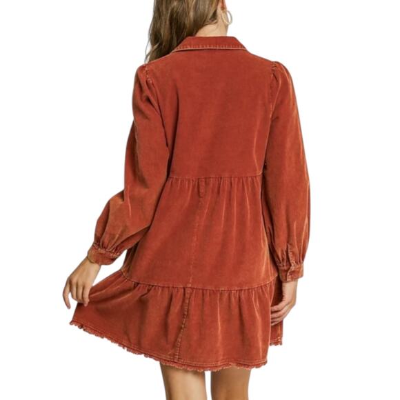 Umgee Babydoll Mini Dress Womens Size Large Corduroy Mineral Washed Pockets Rust - Picture 3 of 15